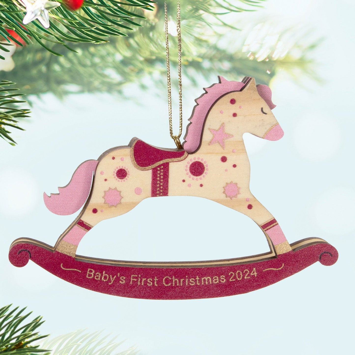Baby Girl's First Christmas Rocking Horse 2024 Wood Keepsake Ornament