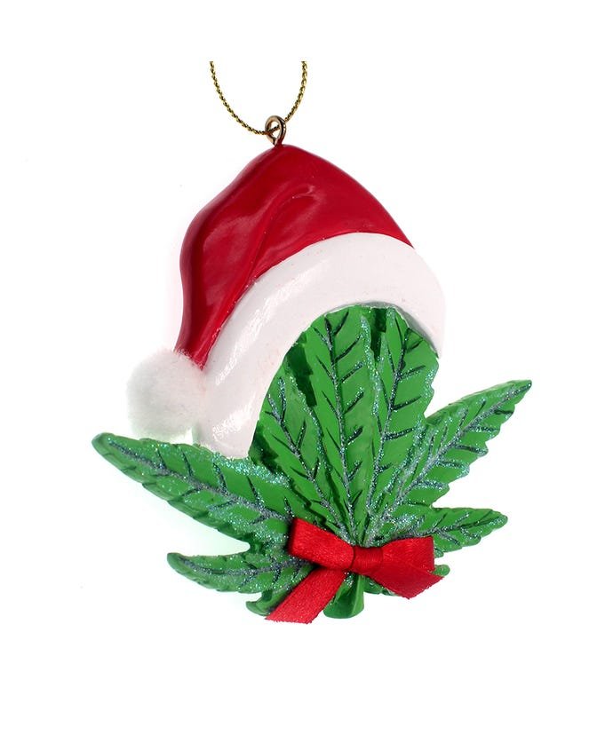 Cannabis Leaf With Santa Hat Ornament For Personalization