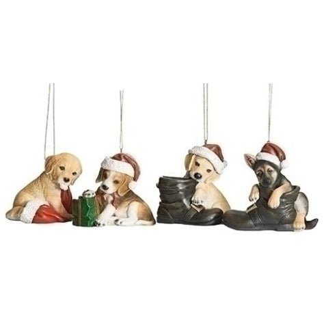 Christmas Holiday Puppy Ornaments 3.5" H (Set of 4) Naughty Chewing