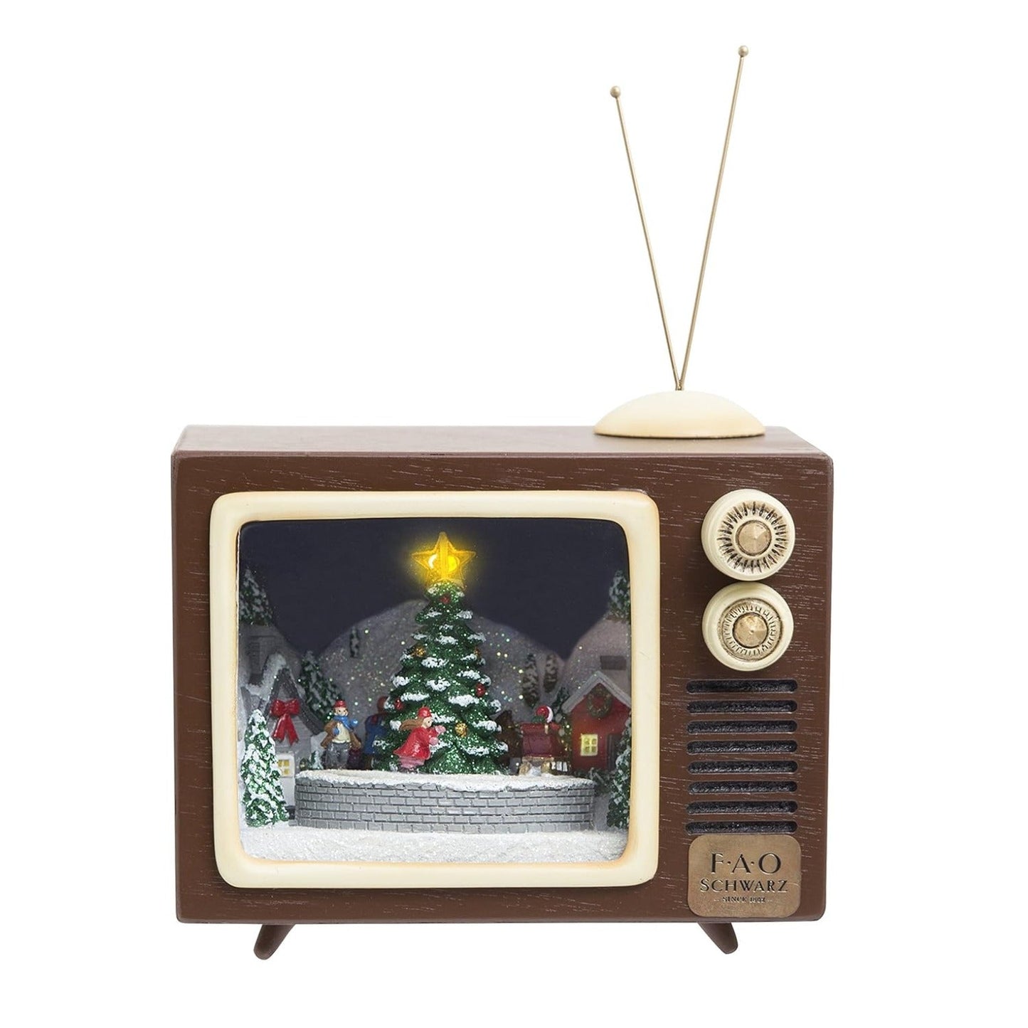 FAO Schwarz Lighted Holiday Musical Figurine TV with 5 Carols and Rotating Diorama