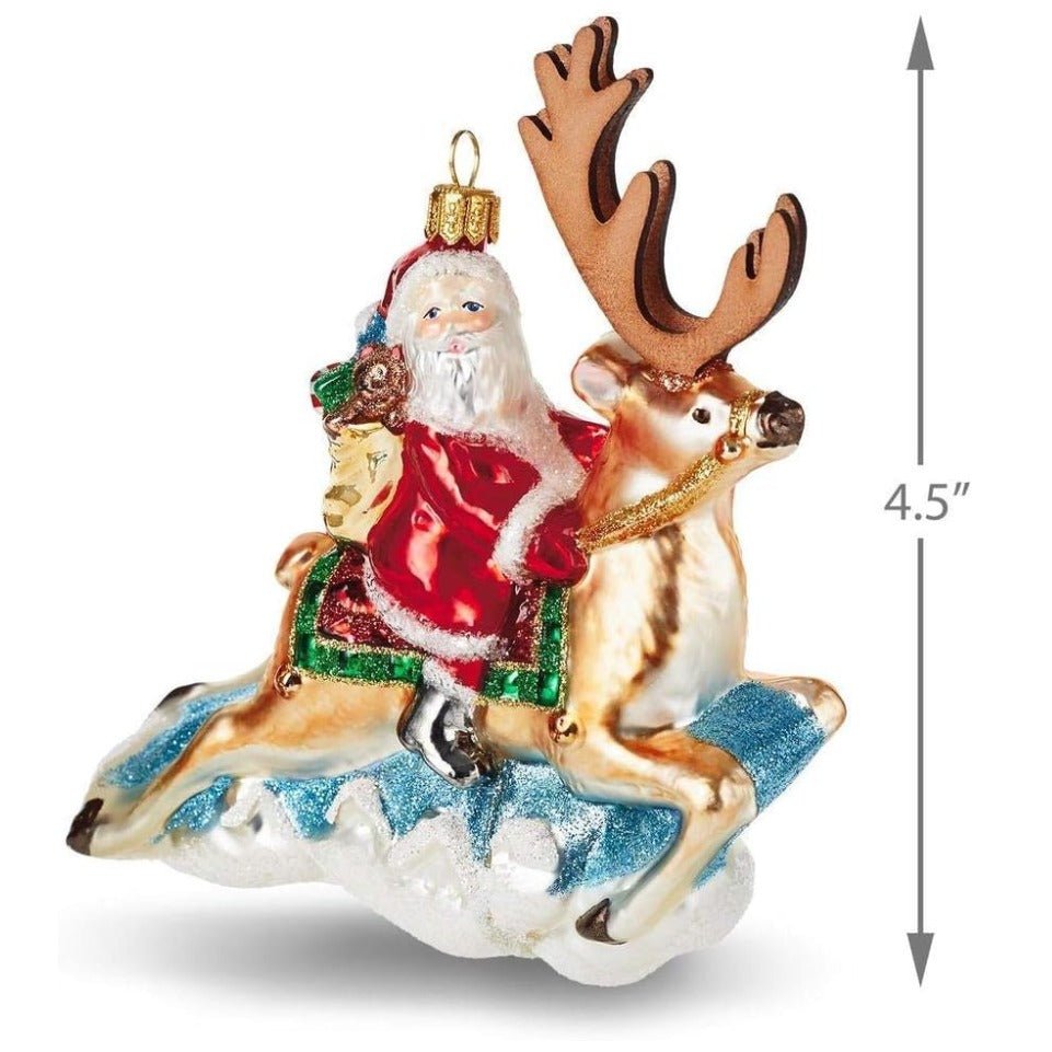 Folk Art Santa on Reindeer Blown Glass Ornament