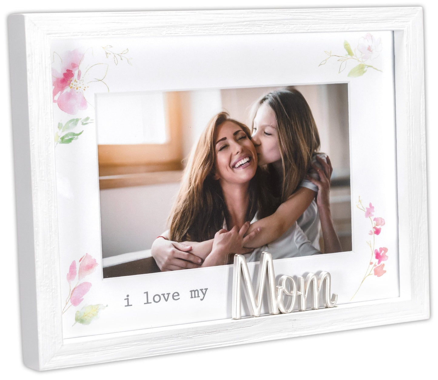 I Love My Mom Floral Matted Rustic White Wood Picture Frame with Metal Word Attachment Holds 4"x6" Photo