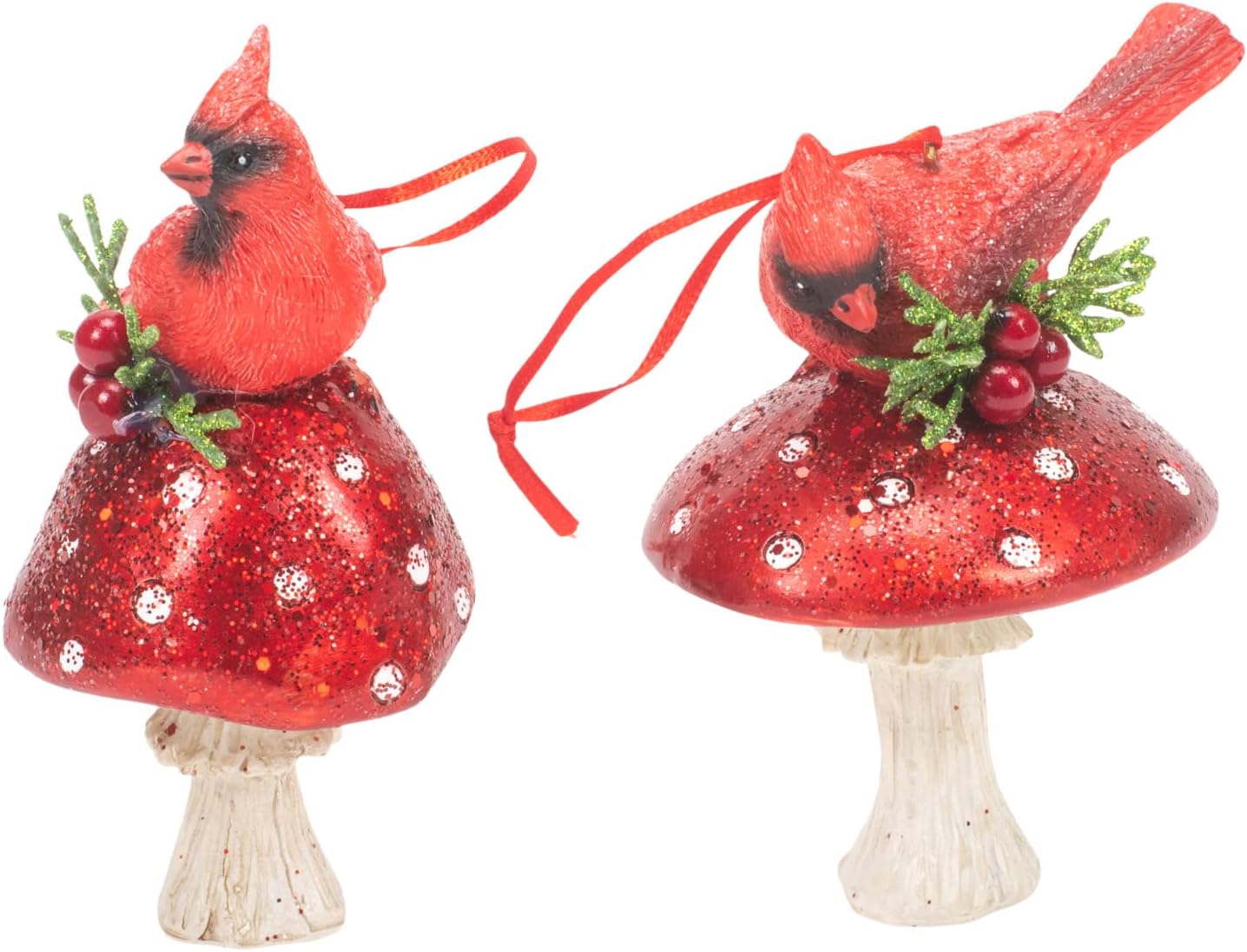Kurt Adler Holiday Cardinal on Forest Mushroom Ornaments (Set of 2)