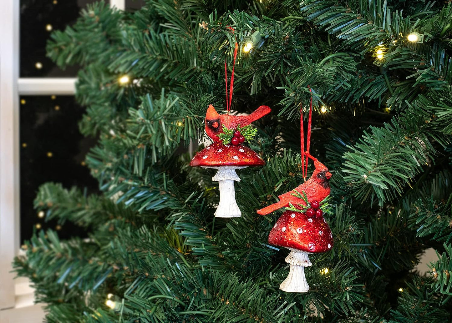 Kurt Adler Holiday Cardinal on Forest Mushroom Ornaments (Set of 2)