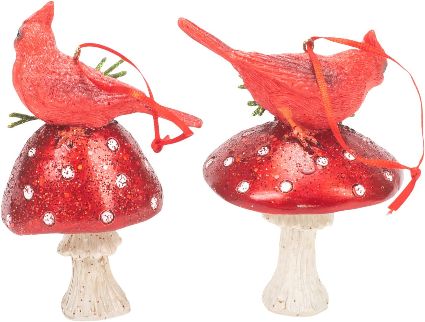 Kurt Adler Holiday Cardinal on Forest Mushroom Ornaments (Set of 2)