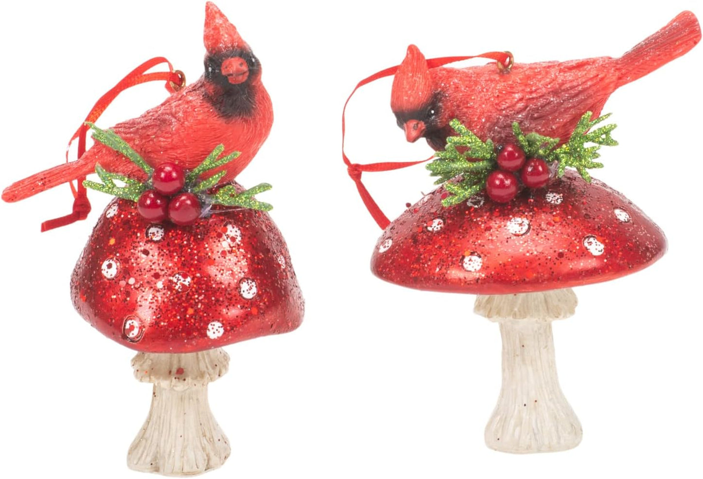 Kurt Adler Holiday Cardinal on Forest Mushroom Ornaments (Set of 2)