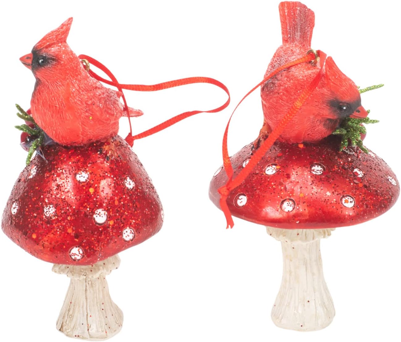 Kurt Adler Holiday Cardinal on Forest Mushroom Ornaments (Set of 2)