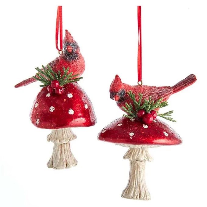 Kurt Adler Holiday Cardinal on Forest Mushroom Ornaments (Set of 2)