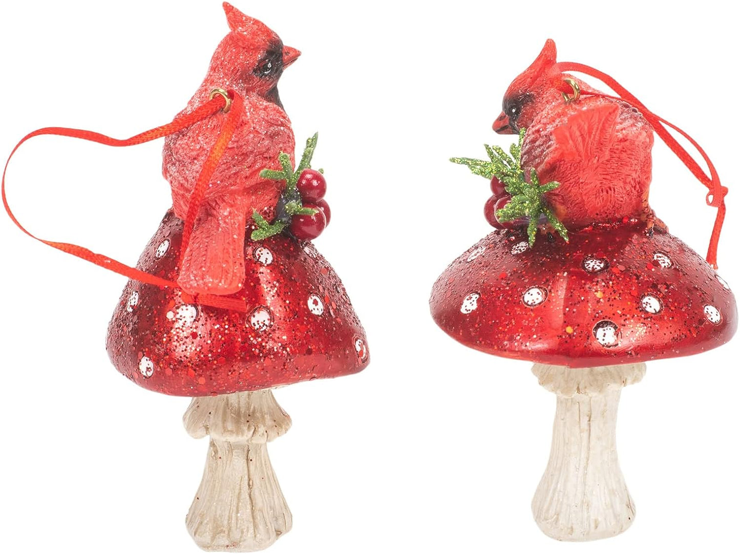 Kurt Adler Holiday Cardinal on Forest Mushroom Ornaments (Set of 2)