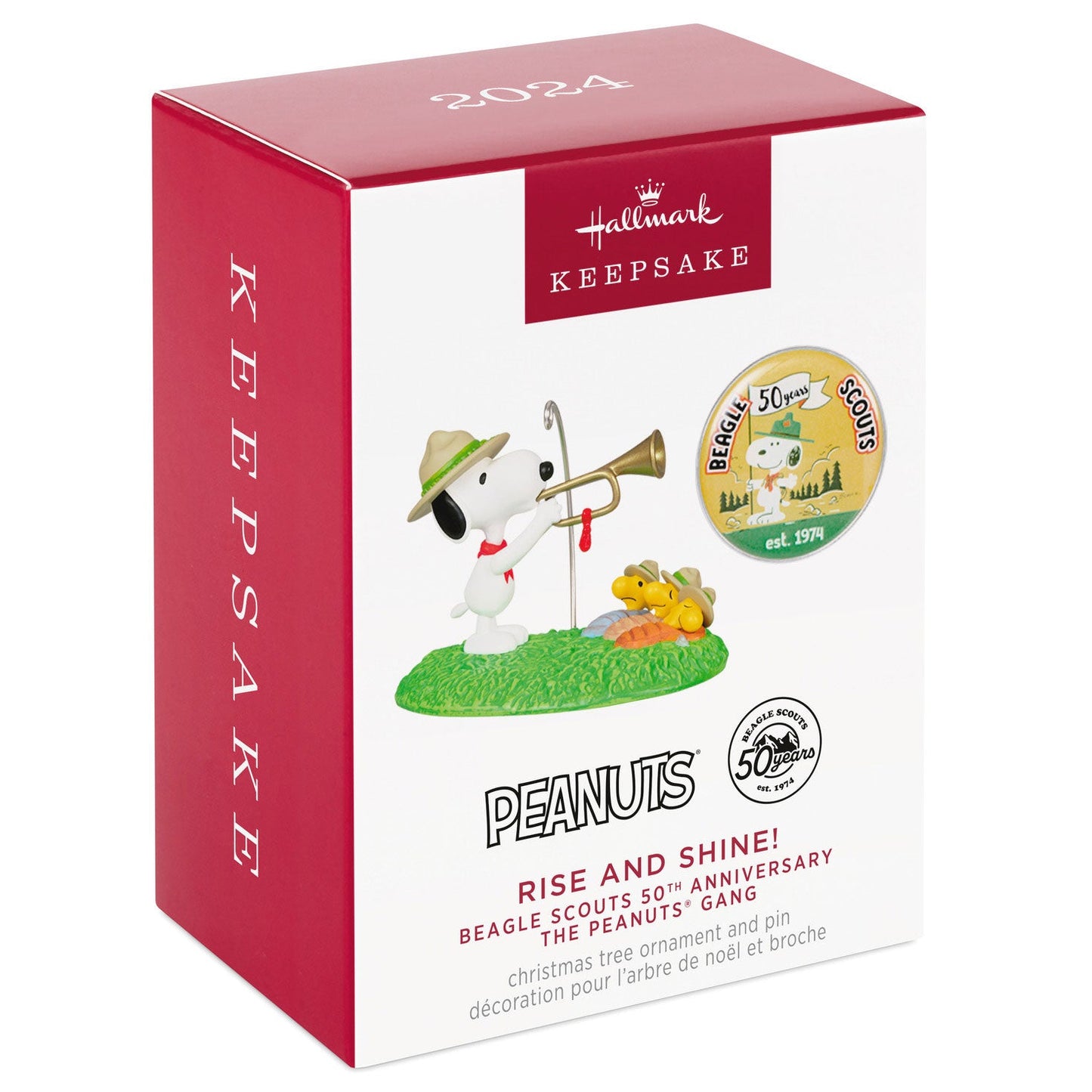 The Peanuts Gang Beagle Scouts 50th Anniversary Rise and Shine! 2024 Keepsake Ornament and Pin, Set of 2