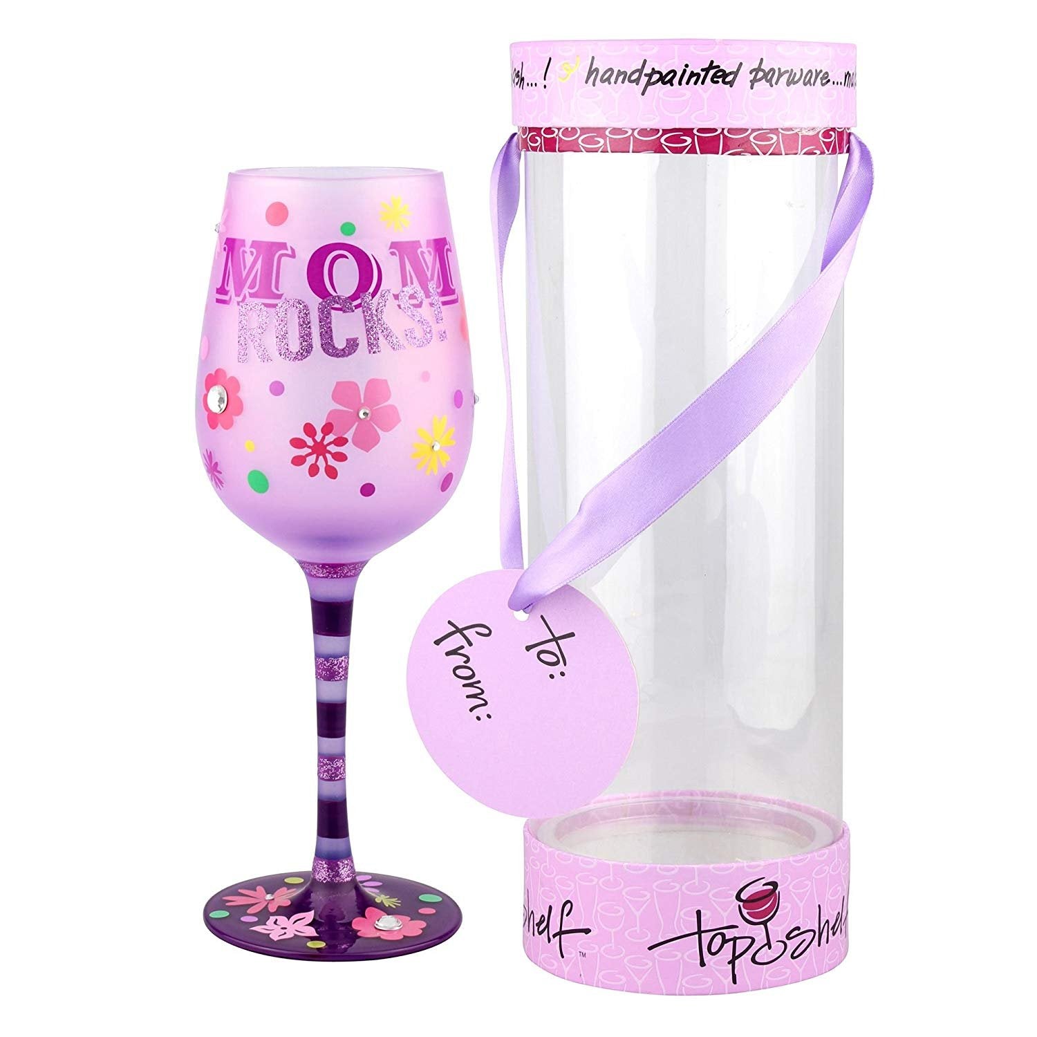 Top Shelf Decorative "This Mom Rocks" Frosted Wine Glass ; Unique Gift Idea for Birthdays, Mother's Day, or Christmas ; Hand Painted Red or White Wine Glass