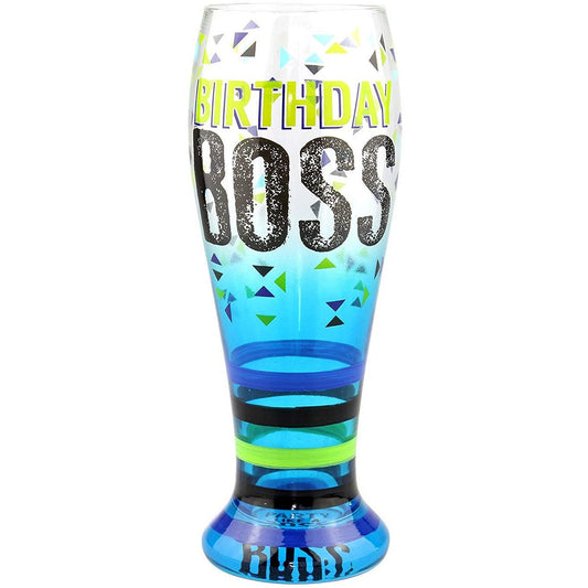 Top Shelf Tall Painted"Birthday Boss" Pilsner Glass ; Decorative Beer Glasses for Friends and Family ; Unique Gift Ideas for Dad, Mom, Brother, and Sister ; Multicolor