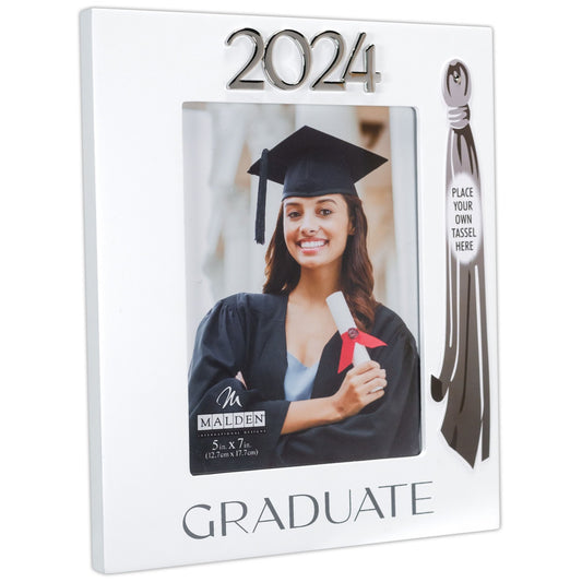 2024 Graduate White Picture Frame Holds Tassel and 5"x7" Photo