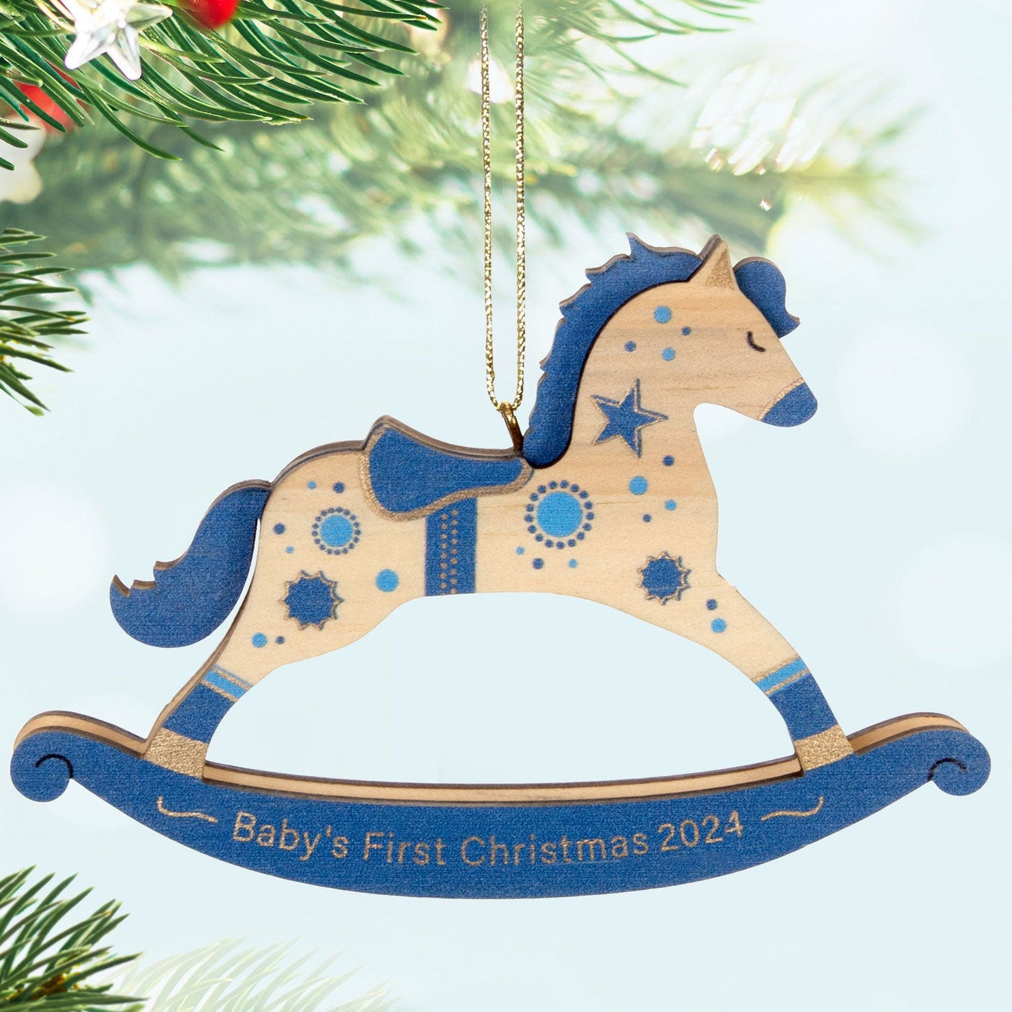 Baby Boy's First Christmas Rocking Horse 2024 Wood Keepsake Ornament