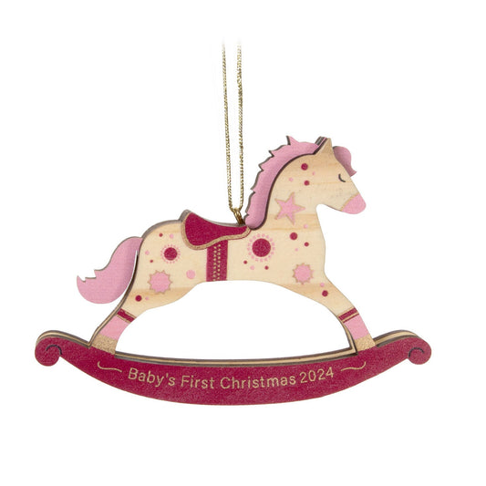 Baby Girl's First Christmas Rocking Horse 2024 Wood Keepsake Ornament