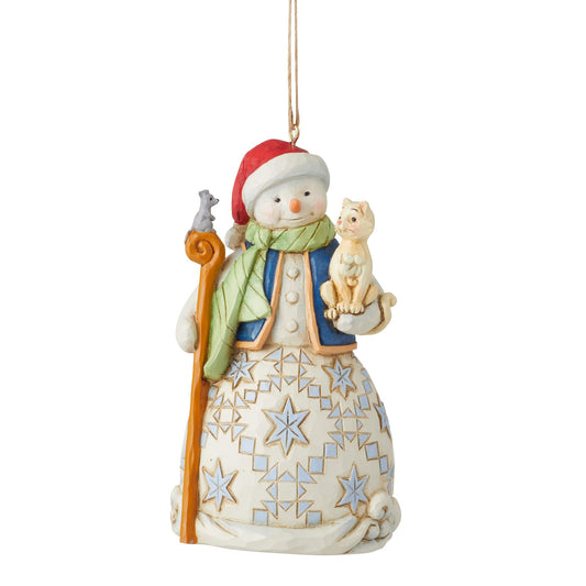 Enesco Jim Shore Heartwood Creek Snowman with Cat Hanging Ornament, 4.53 Inch, Multicolor