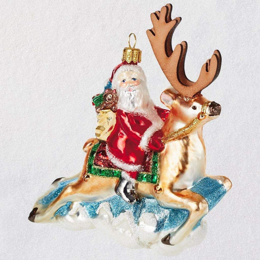 Folk Art Santa on Reindeer Blown Glass Ornament