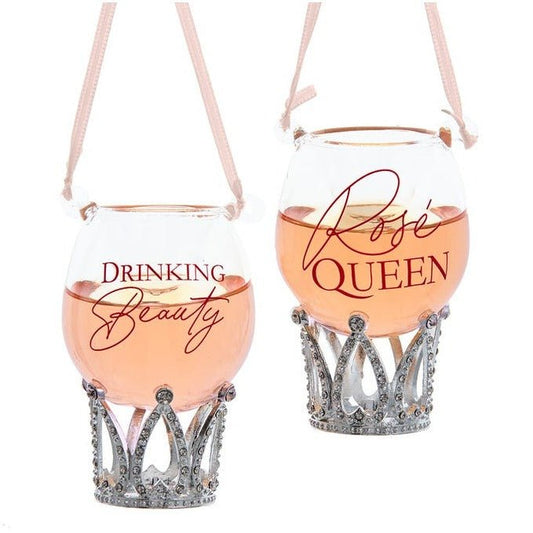 Glass Rosé Wine With Crown Ornaments, Set of 2