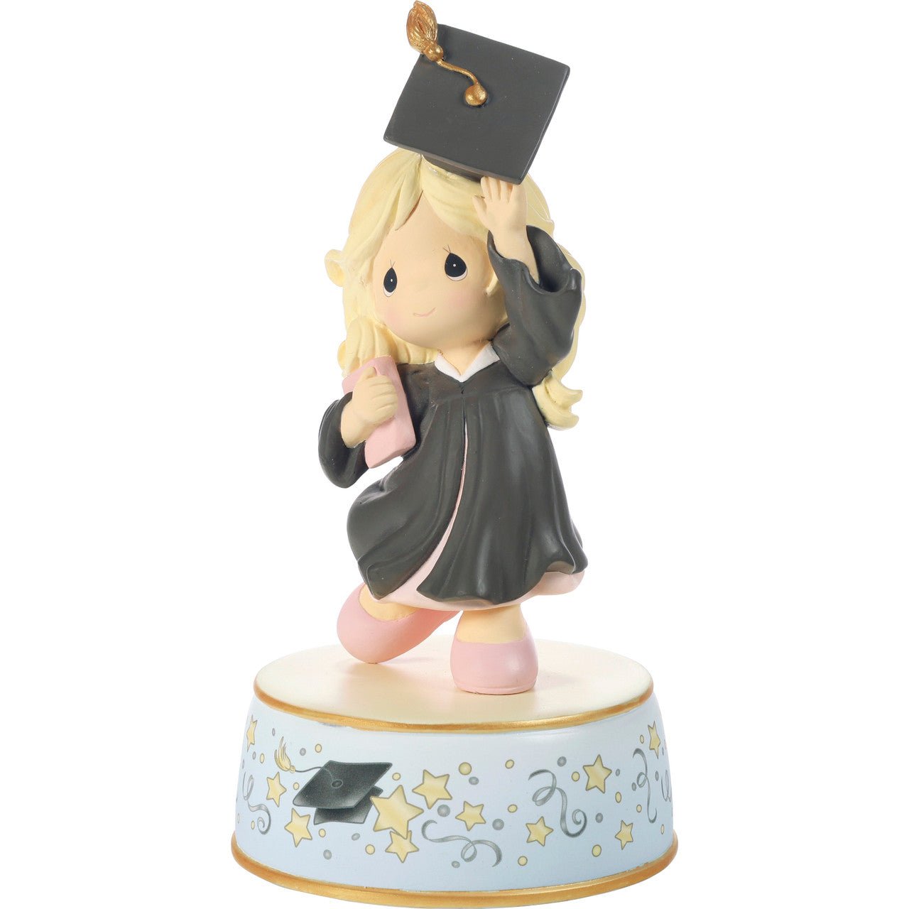 Graduation Blonde Girl With Black Gown Throwing Hat Musical