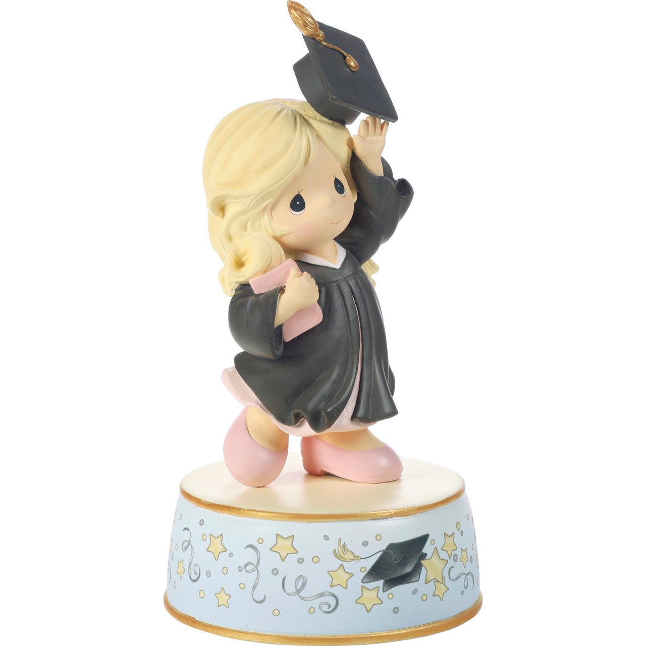 Graduation Blonde Girl With Black Gown Throwing Hat Musical