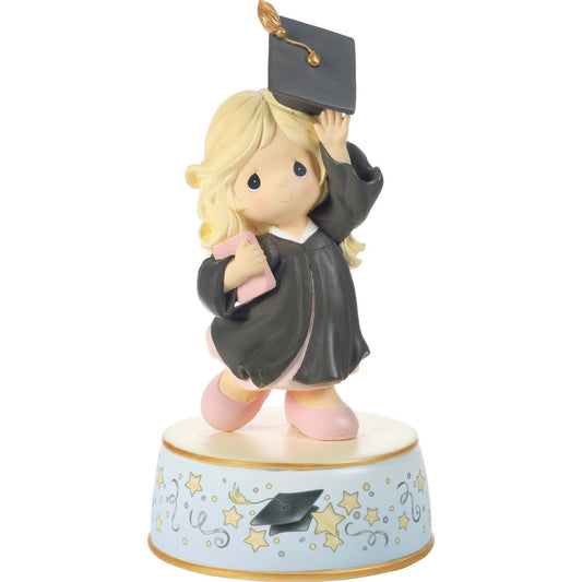 Graduation Blonde Girl With Black Gown Throwing Hat Musical