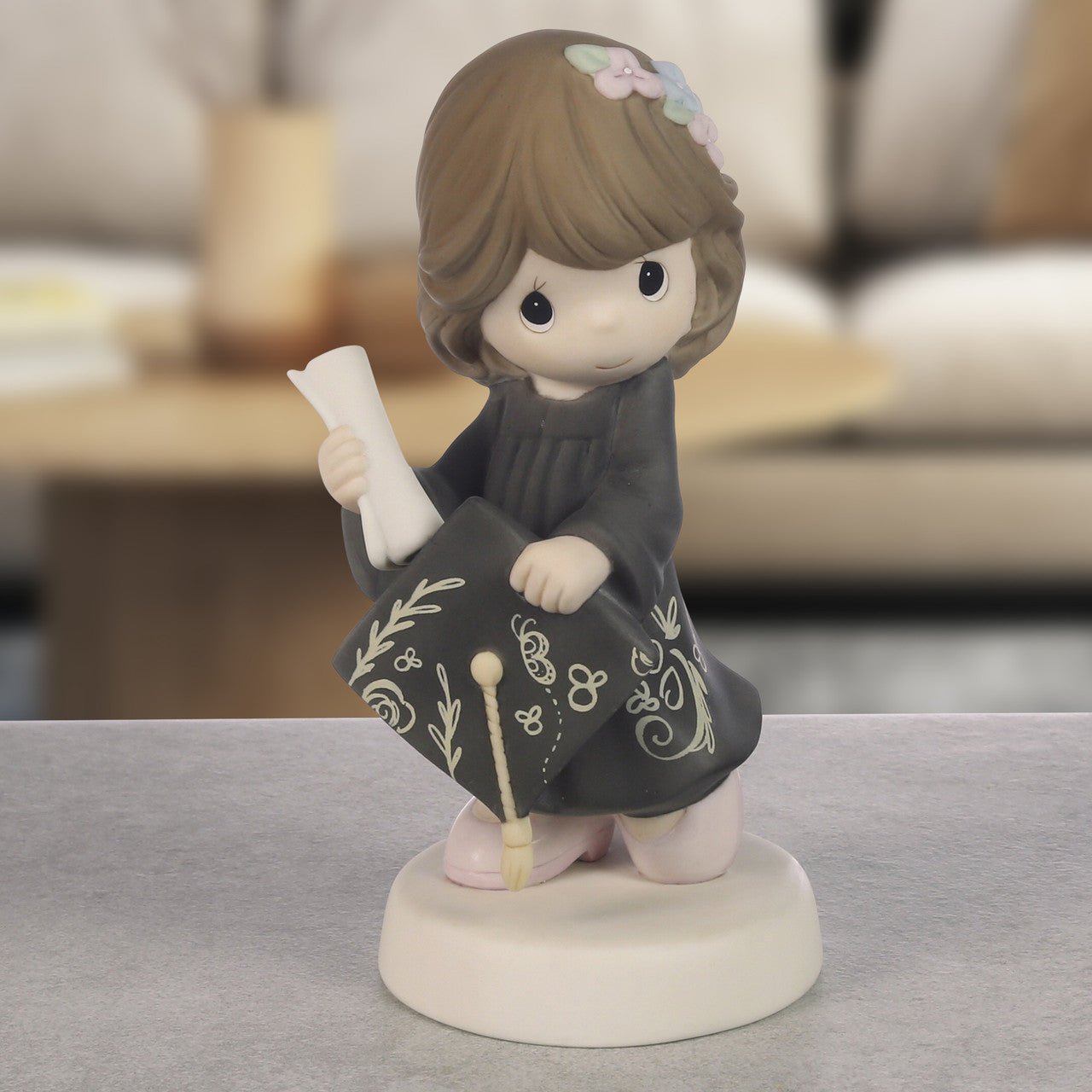 Graduation Brunette Girl With Black Gown Figurine