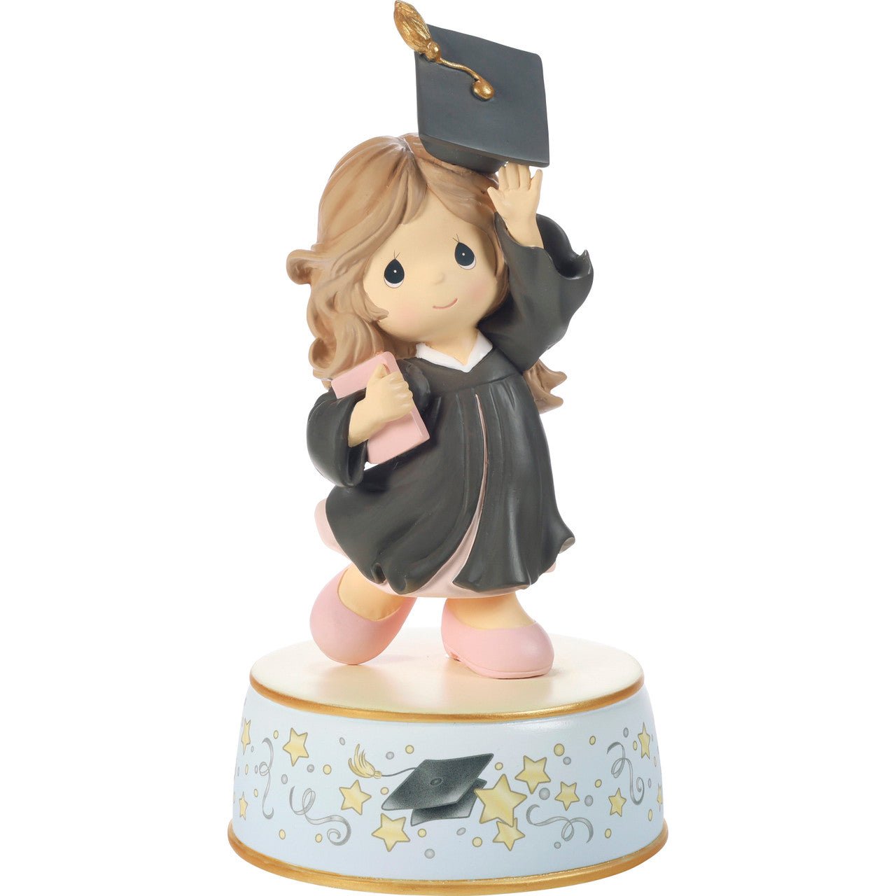 Graduation Brunette Girl With Black Gown Throwing Hat Musical