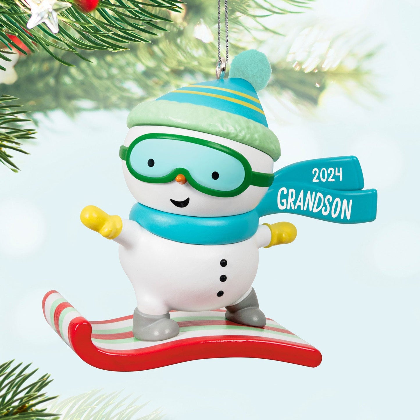 Grandson Snowboarding Snowman 2024 Keepsake Ornament