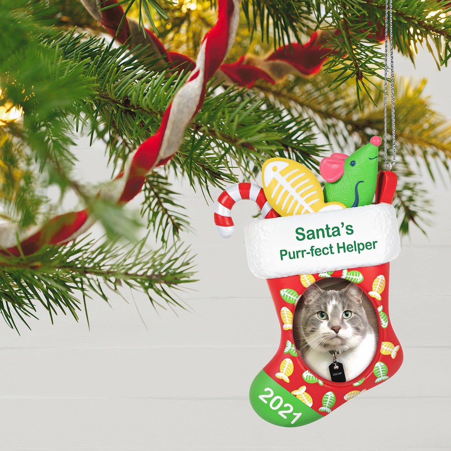 Hallmark Keepsake Christmas Ornament, Year Dated 2021, Santa's Purr - FECT Helper Cat Stocking Photo Frame