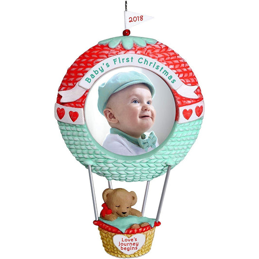Hallmark Keepsake Ornament 2018 Personalized Year Dated, Baby's First Christmas Love's Journey Begins Picture Frame, Photo, Hot Air Balloon