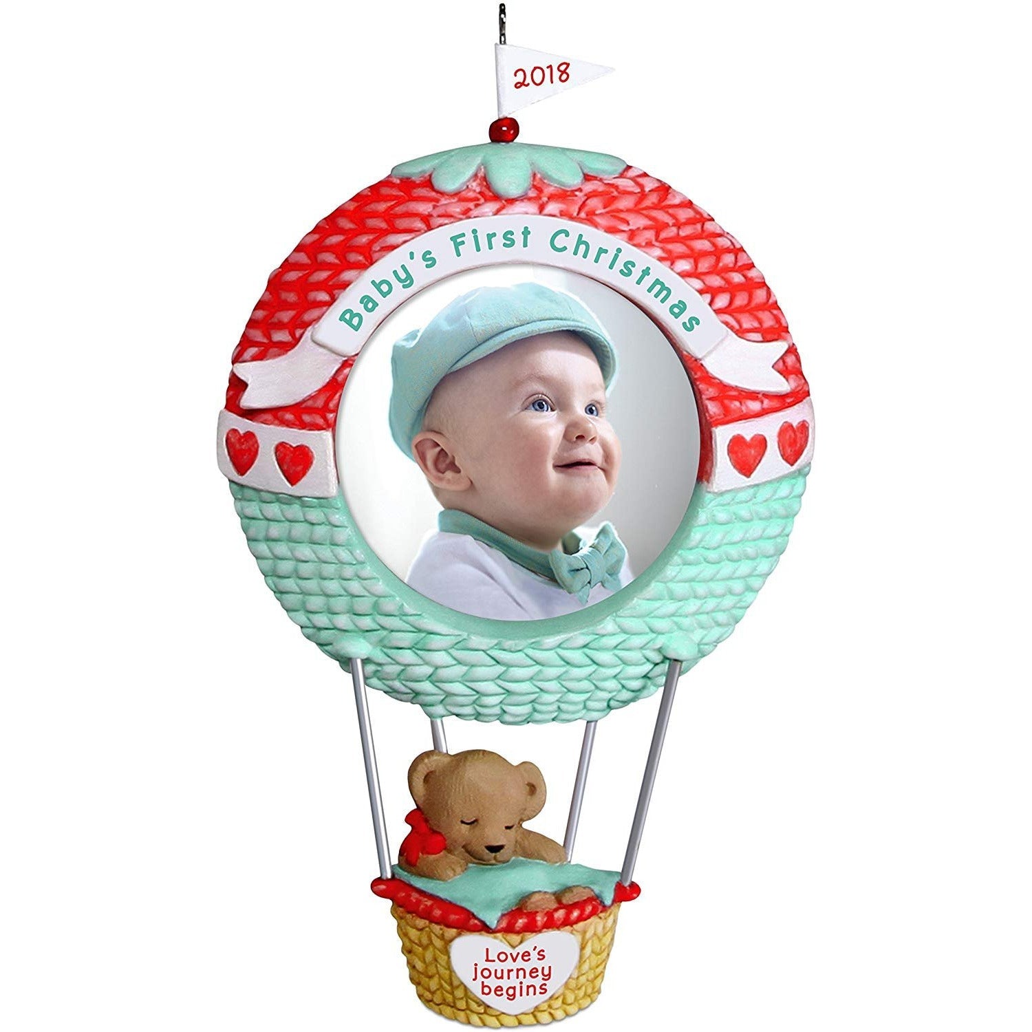 Hallmark Keepsake Ornament 2018 Personalized Year Dated, Baby's First Christmas Love's Journey Begins Picture Frame, Photo, Hot Air Balloon