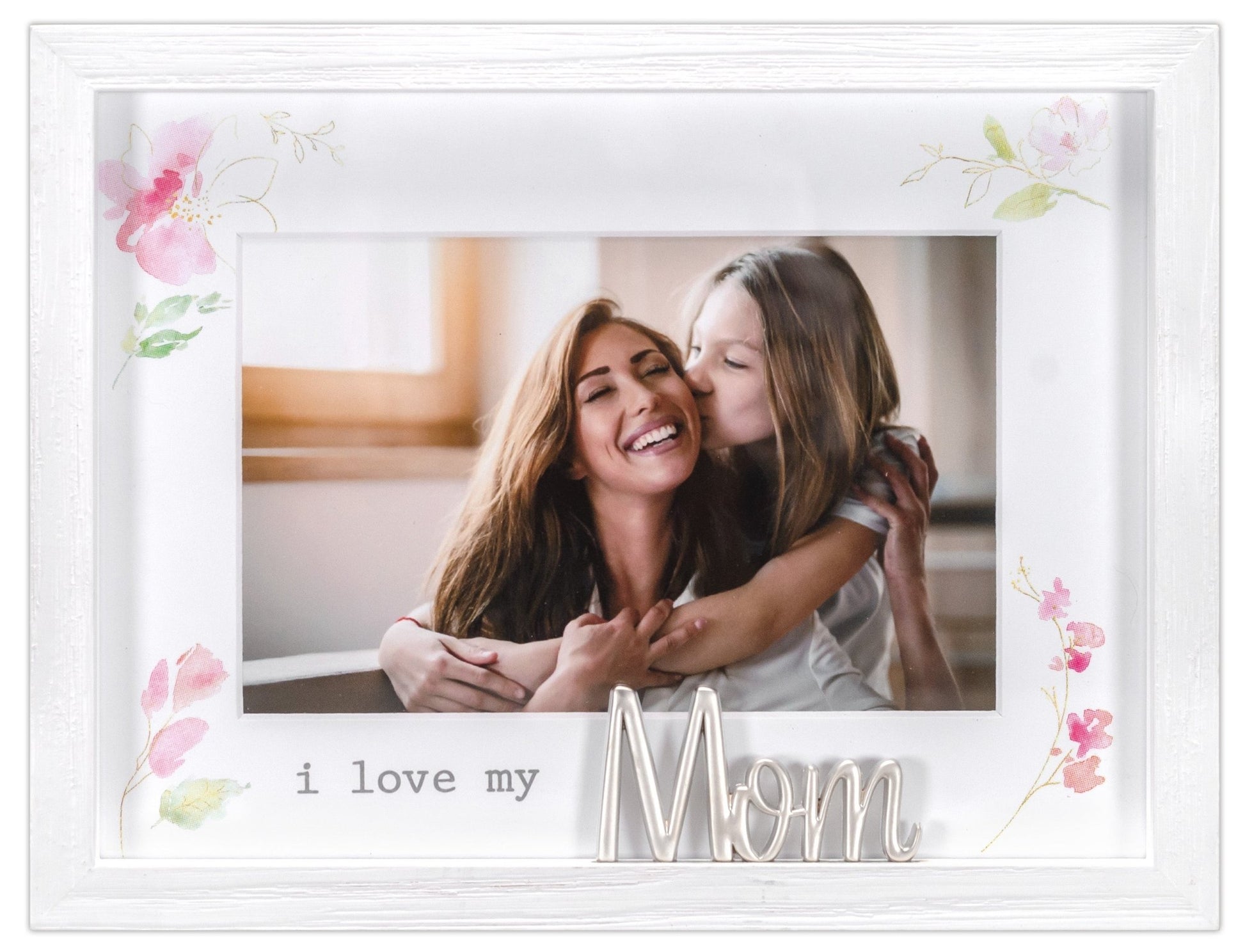 I Love My Mom Floral Matted Rustic White Wood Picture Frame with Metal Word Attachment Holds 4"x6" Photo