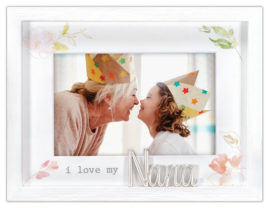 I Love My Nana Floral Matted Rustic Wood Picture Frame with Metal Word Attachment Holds 4"x6" Photo