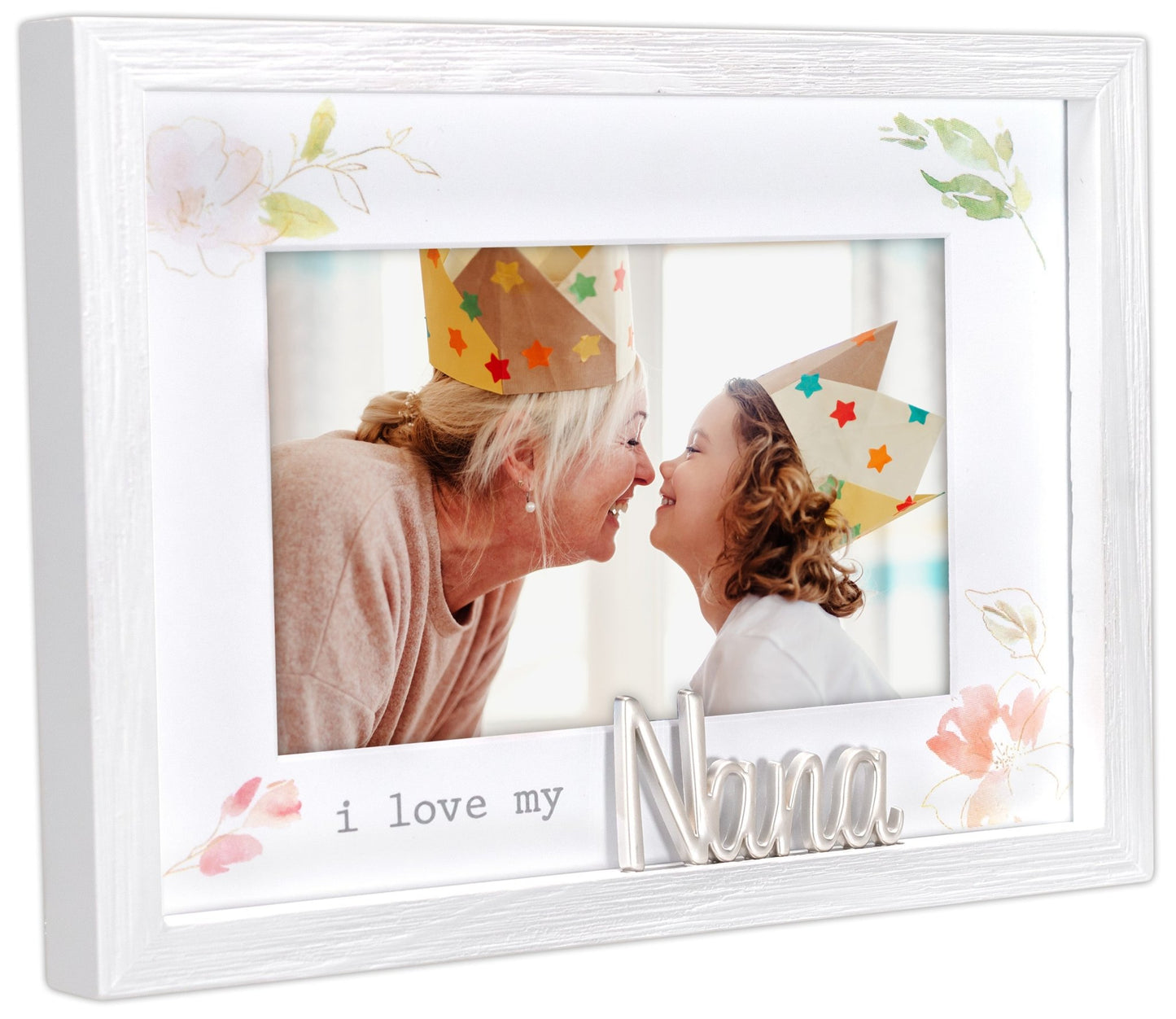 I Love My Nana Floral Matted Rustic Wood Picture Frame with Metal Word Attachment Holds 4"x6" Photo