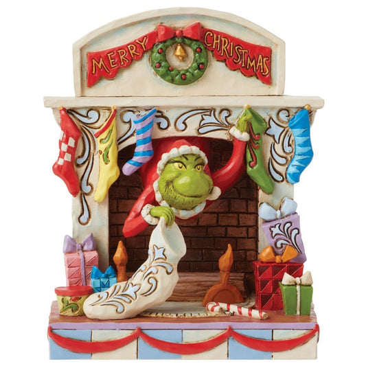 Jim Shore Dr. Seuss Santa Grinch Peeking Out of the Fireplace Figurine, 5.5"