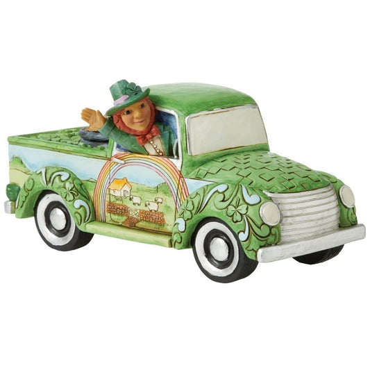 Jim Shore "Truckload Of Luck" Leprechaun in Green Truck Figurine, 7.48"