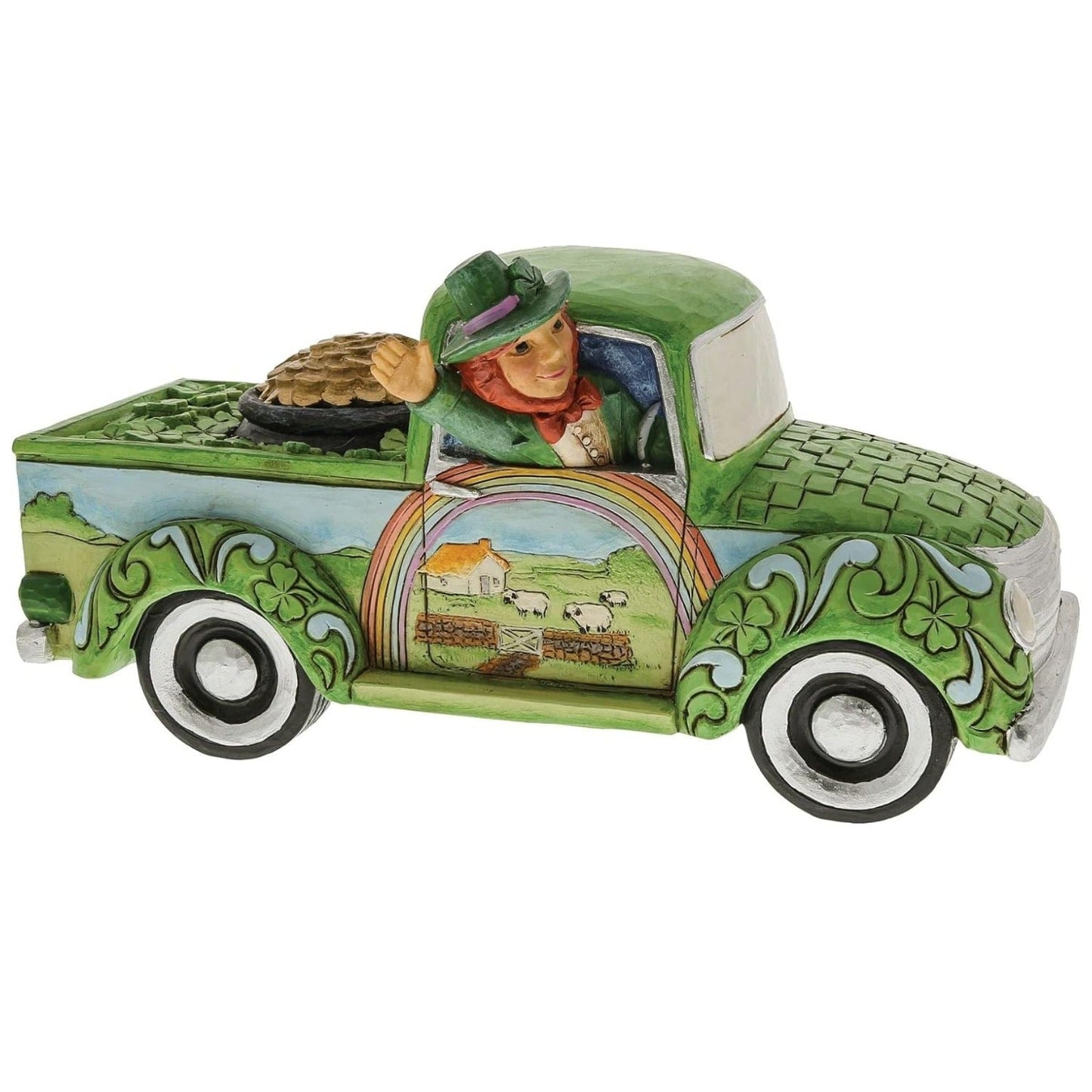 Jim Shore "Truckload Of Luck" Leprechaun in Green Truck Figurine, 7.48"