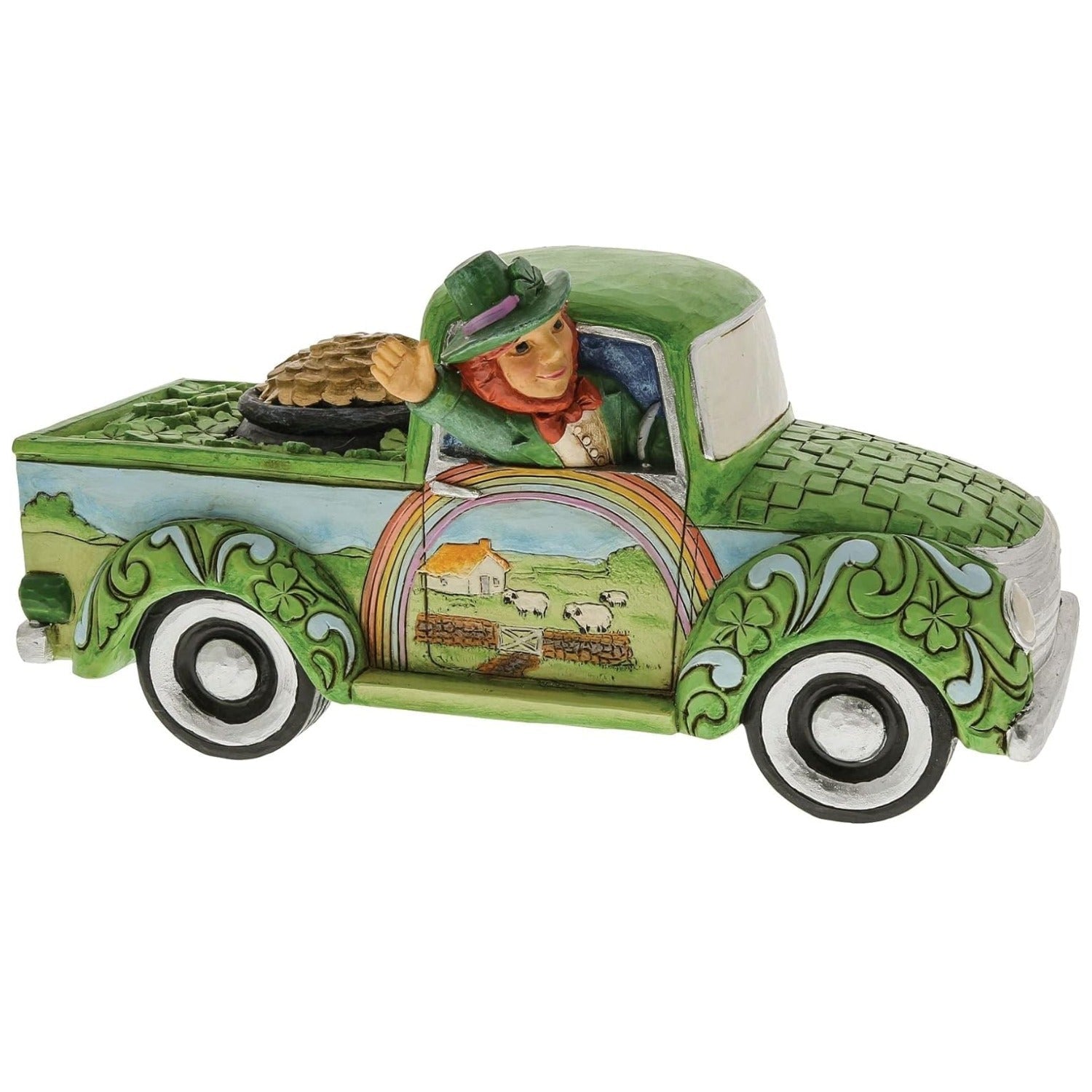 Jim Shore "Truckload Of Luck" Leprechaun in Green Truck Figurine, 7.48"