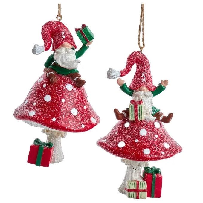 Kurt Adler Gnome Sitting On Mushroom Ornaments (Set of 2)