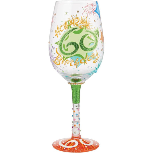Lolita Happy 60th Birthday Hand - Painted Artisan Wine Glass, 15 oz.