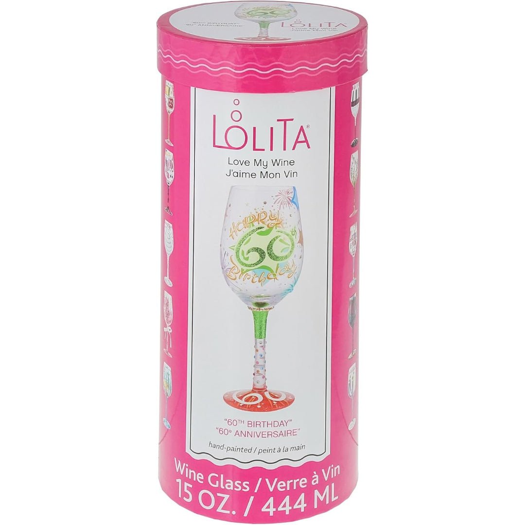 Lolita Happy 60th Birthday Hand - Painted Artisan Wine Glass, 15 oz.