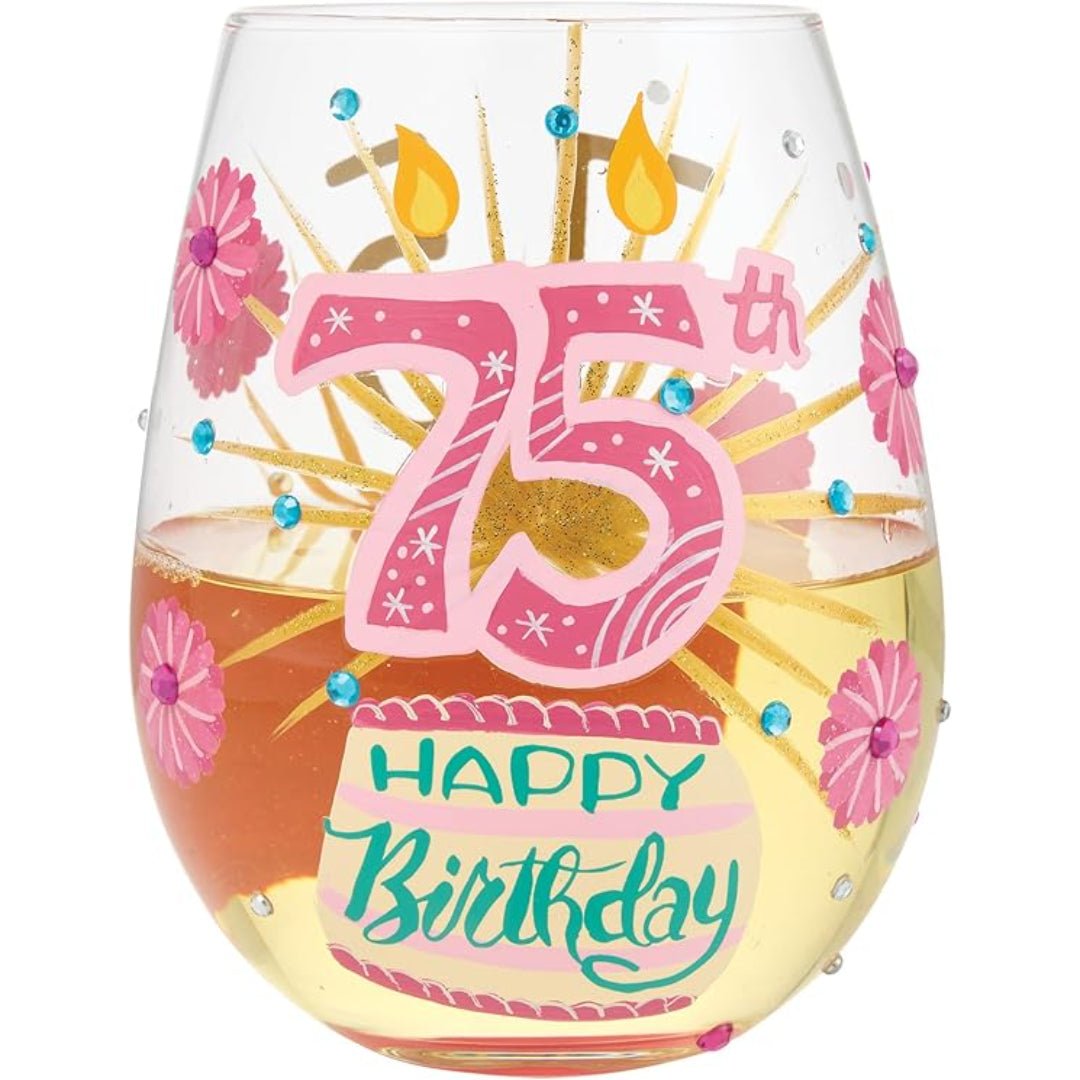 Lolita Happy 75th Birthday Stemless Wine Glass, 20 oz