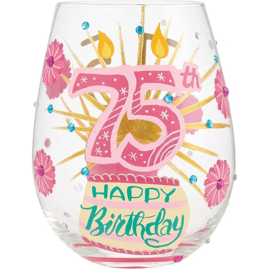 Lolita Happy 75th Birthday Stemless Wine Glass, 20 oz