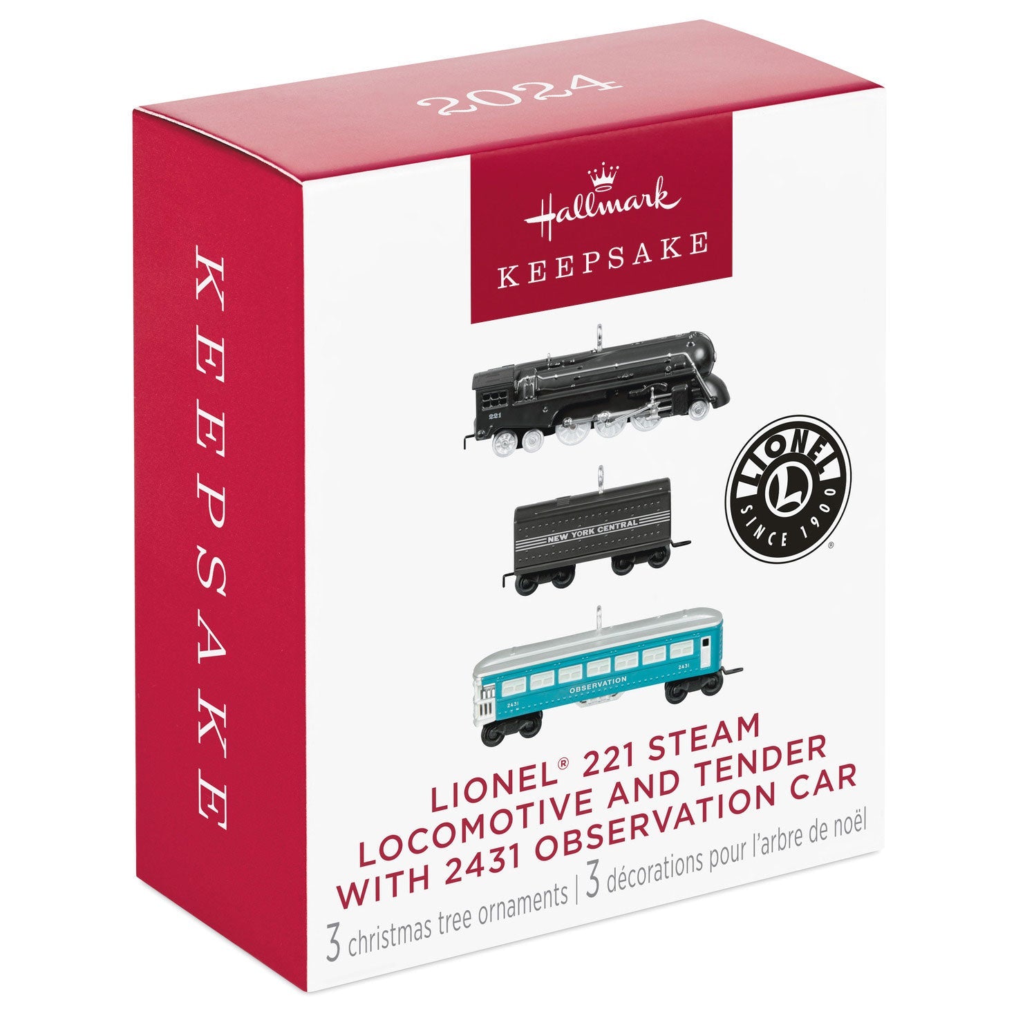 Mini Lionel 221 Steam Locomotive and Tender With 2431 Observation Car 2024 Keepsake Ornaments, Set of 3