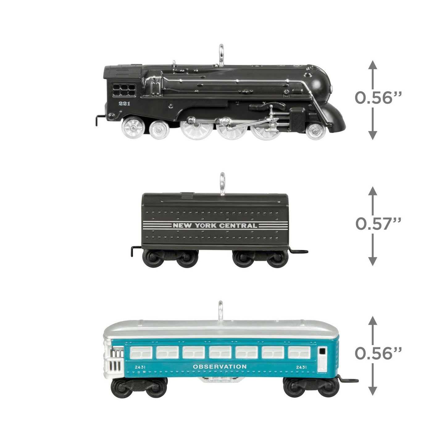 Mini Lionel 221 Steam Locomotive and Tender With 2431 Observation Car 2024 Keepsake Ornaments, Set of 3