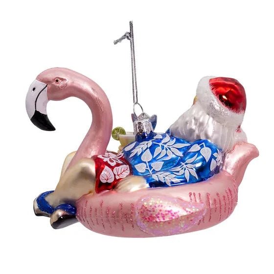 Noble Gems™ Glass Santa In Flamingo Pool Float Ornament