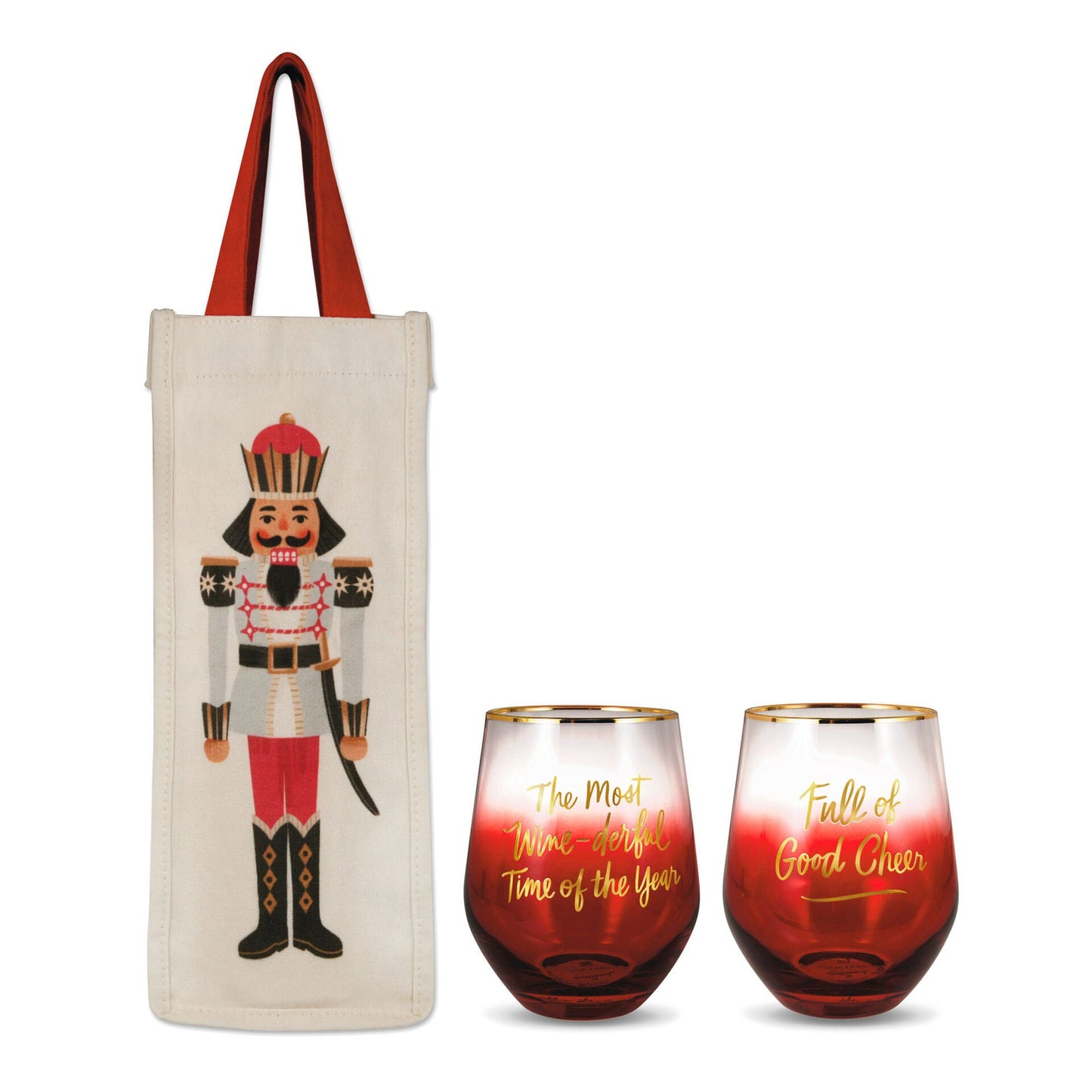 Nutcracker Bottle Bag and Stemless Wine Glasses Holiday Gift Bundle, Set of 3