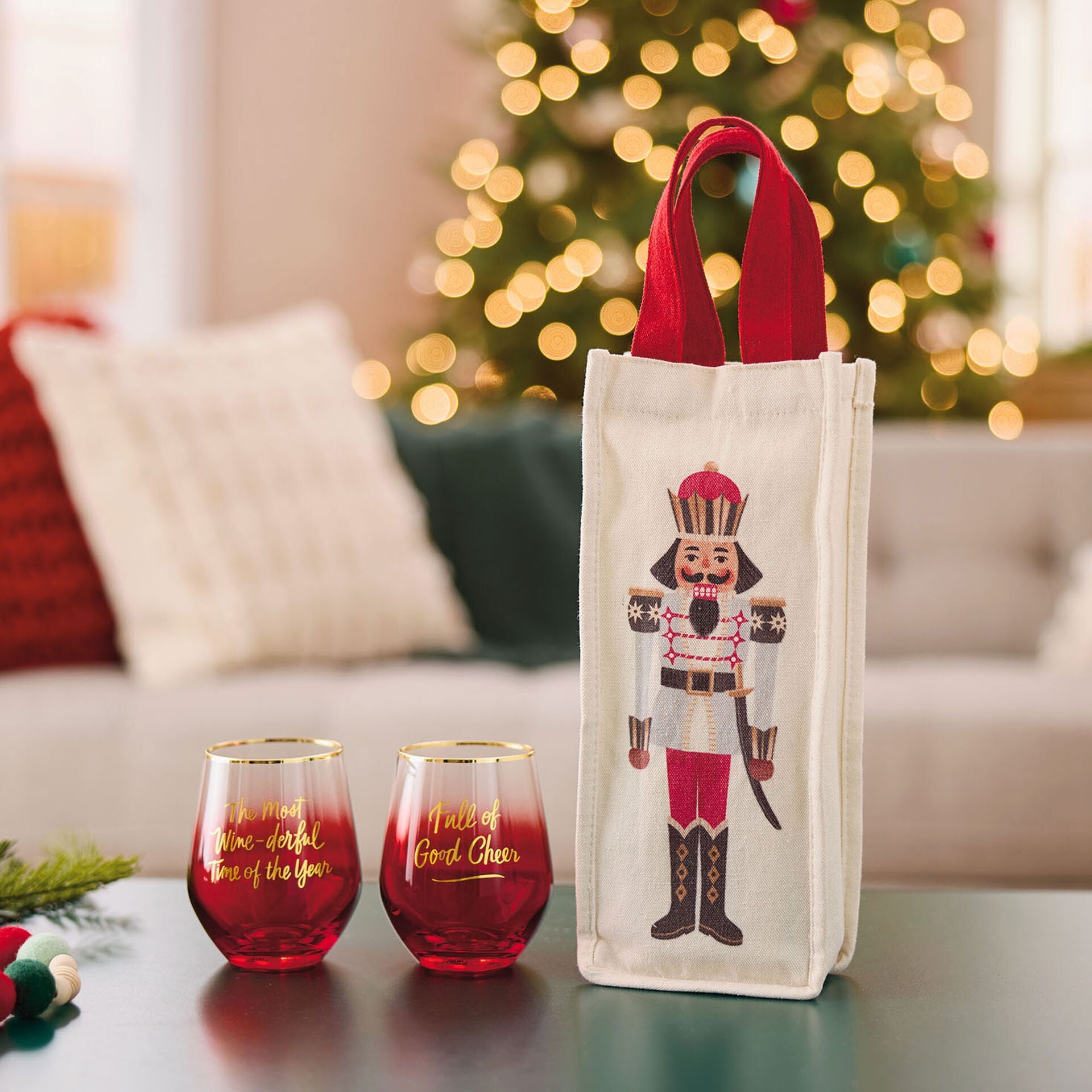 Nutcracker Bottle Bag and Stemless Wine Glasses Holiday Gift Bundle, Set of 3