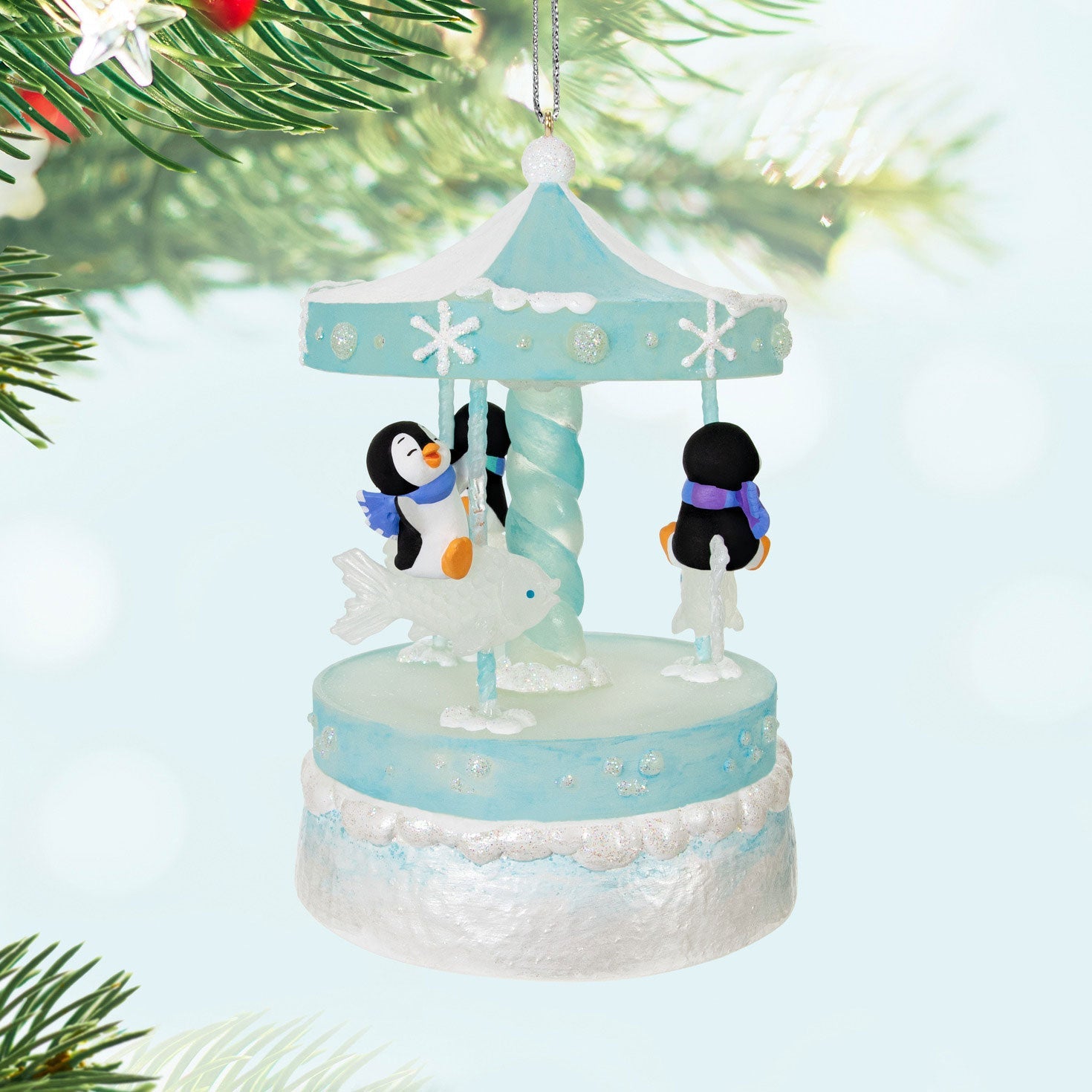 Playful Penguins on Carousel Musical 2024 Keepsake Ornament and Motion