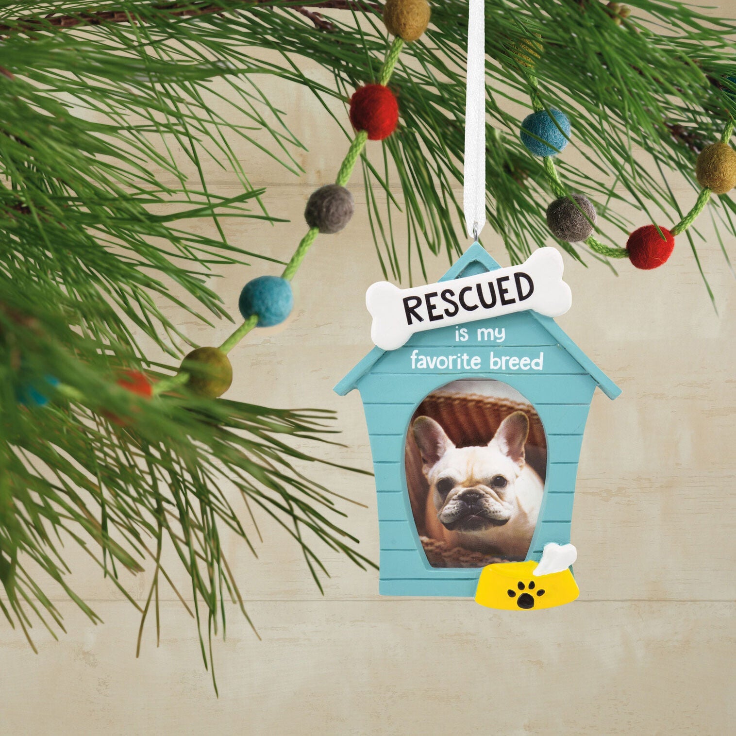 Rescued Is My Favorite Breed Blue Doghouse Photo Frame Hallmark Ornament